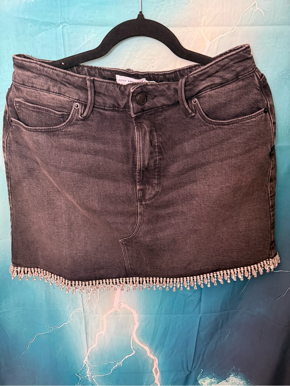 Good American Charcoal Denim Mini Skirt with Beaded Hem